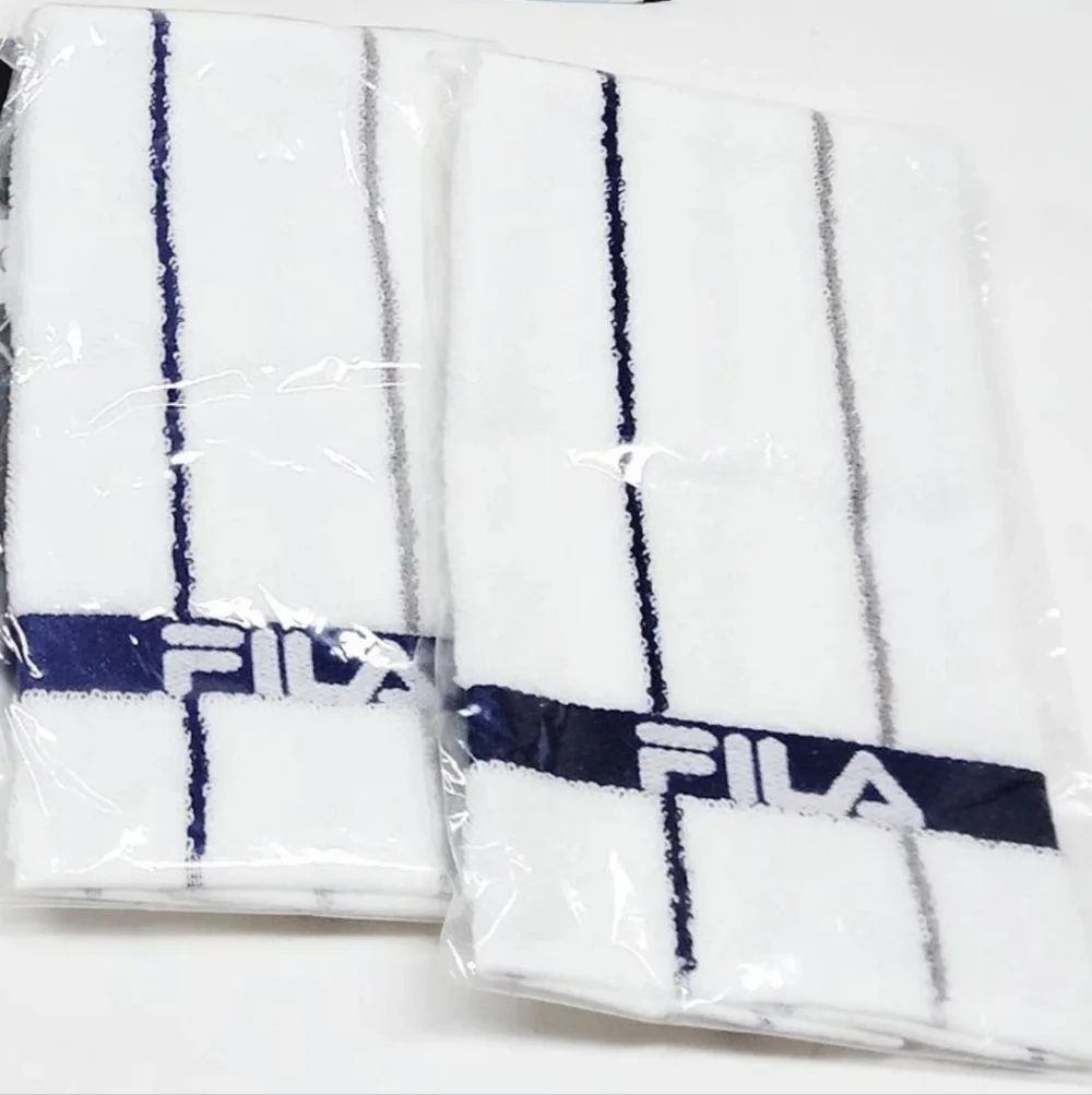 Fila White Towels with Navy and Gray Stripes Rare Cotton Hand Towels NWOT